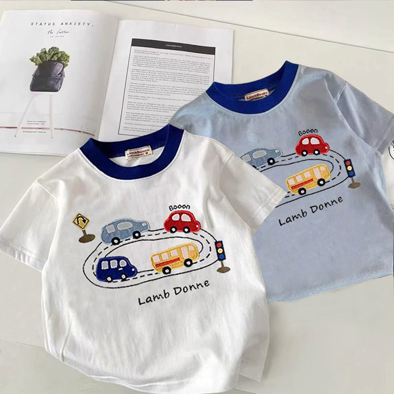 ฤดูร้อนใหม่ เสื้อยืดแขนสั้นเด็กผ้าฝ้ายแท้ สไตล์การ์ตูนสีบล็อก ท็อปอเนกประสงค์สำหรับเด็กชายและเด็กหญิง