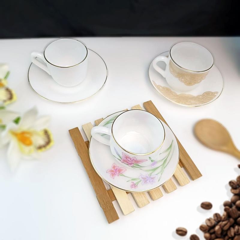 แก้วกาแฟพร้อมจานรองเนื้อแก้วลายมุก
