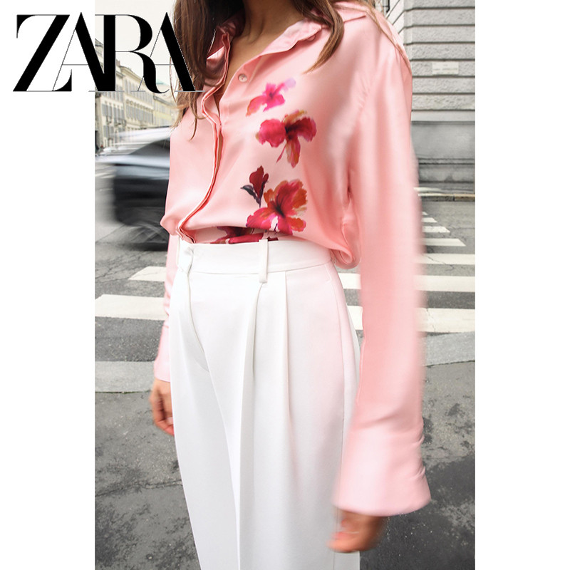ZARA ซาร่า 25 ฤดูใบไม้ผลิสินค้าใหม่เสื้อผ้าสตรีดอกไม้พิมพ์ซาตินพื้นผิวเสื้อแขนยาว