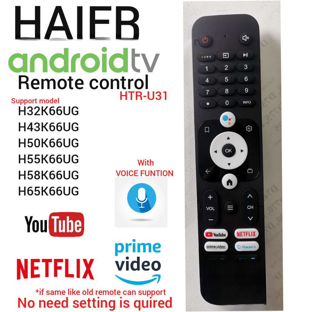 Haier Android TV รีโมทคอนโทรล Haier HTR-U31H 32K66UG H43K66UG H50K66UG H55K66UG H58K66UG H65K66