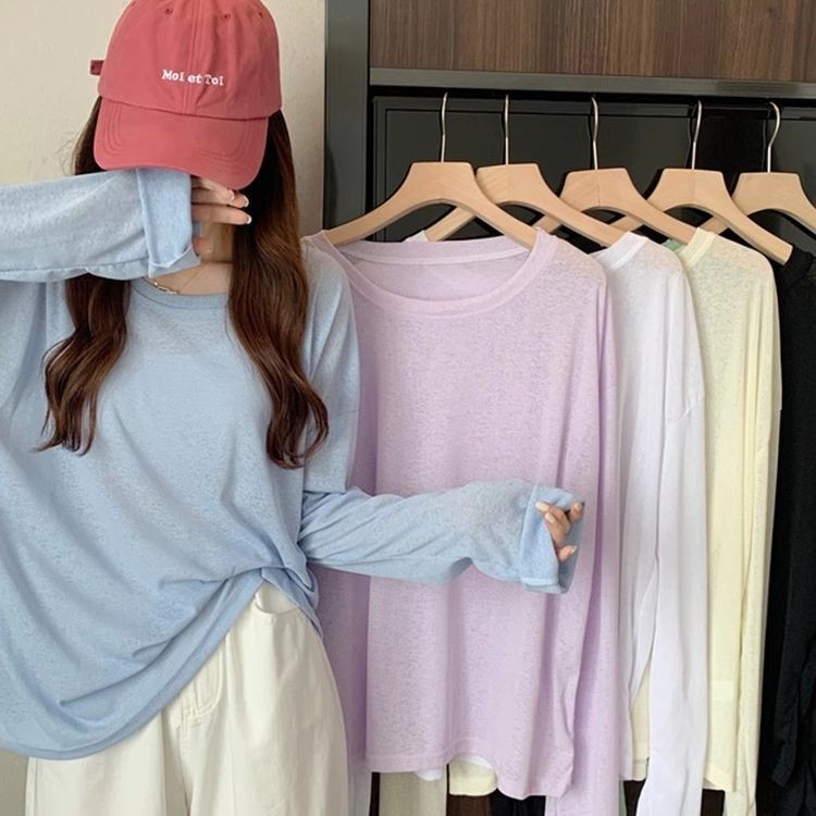 เกาหลีบางแขนยาวครีมกันแดดเสื้อยืดปกผู้หญิง ผลรวม ท็อปส์สุภาพสตรีเกาหลีสบายๆเสื้อด้านล่างเสื้อหลวม