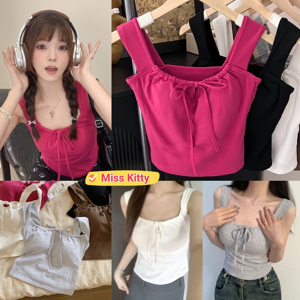 🎀Miss Kitty❤️พร้อมส่ง เสื้อกล้าม มีฟองน้ำ ดีเทลผูกโบว์น่ารัก"FY068"