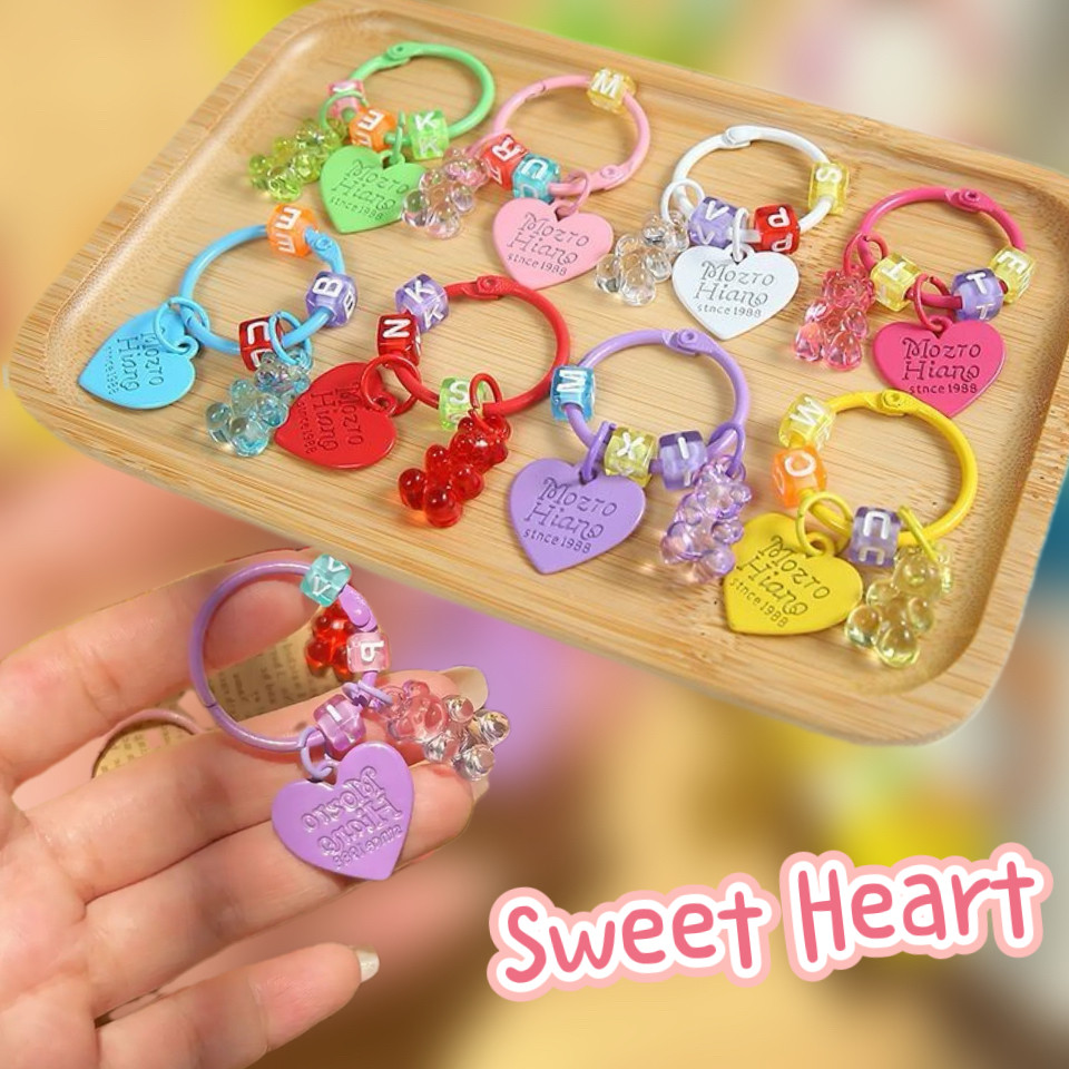 การ์ตูน บลิง หัวใจหมีพวงกุญแจแหวนใสลูกอมสีเรซิ่นเหนียวหมีพวงกุญแจกระเป๋าตกแต่งจดหมายน่ารักกระเป๋าจี้