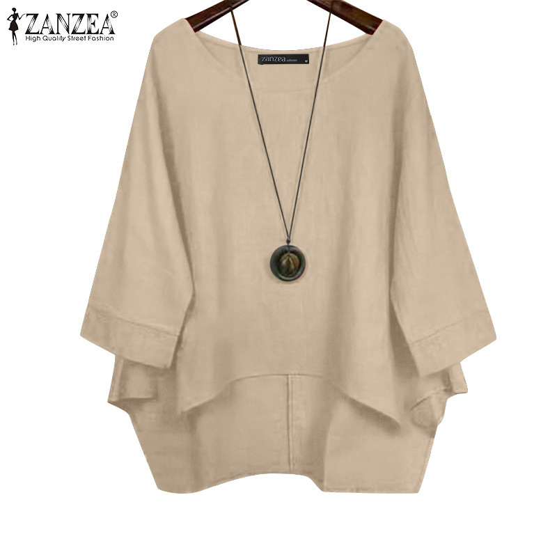 ZANZEA ซานเซีย ผู้หญิงวินเทจย้อนยุคลําลองรอบคอ3/4แขนด้านหน้าสั้นกลับยาวเสื้อ