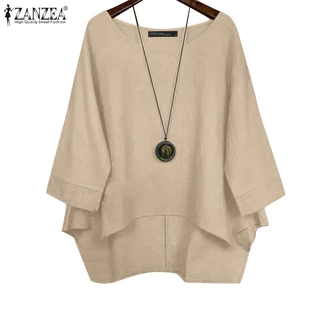 ZANZEA ซานเซีย ผู้หญิงวินเทจย้อนยุคลําลองรอบคอ3/4แขนด้านหน้าสั้นกลับยาวเสื้อ