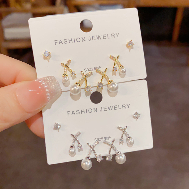 เวอร์ชั่นเกาหลี ส925 เงินเข็มอารมณ์การออกแบบที่เรียบง่ายข้ามต่างหูมุกสามชิ้น