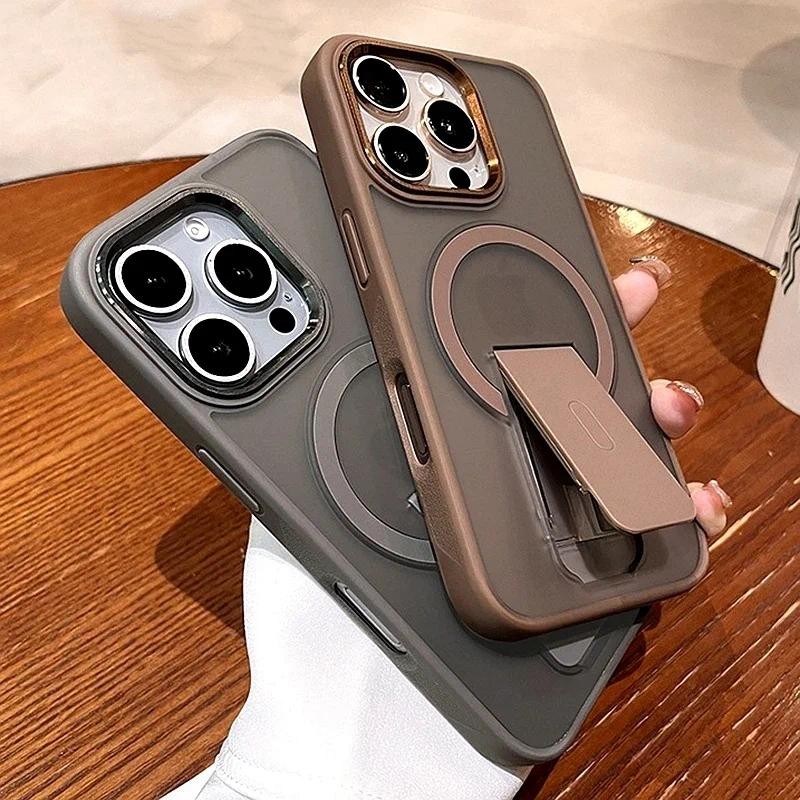 ขาตั้งหรูหราเคสโทรศัพท์สําหรับ iPhone 11 12 13 14 15 16 Pro Max Plus Magnetic Matte กันกระแทกฝาครอบกันชน