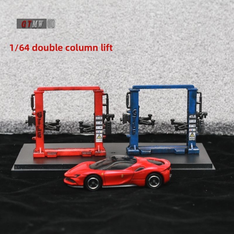 1:64โมเดลลิฟท์เสาคู่ในเวิร์กช็อปซ่อมรถยนต์ | การตกแต่งฉากโต๊ะทรายรุ่นรถอัลลอย | เหมาะสำหรับ Hot Wheels Domeca MINI GT การปรับเปลี่ยนจอแสดงผล