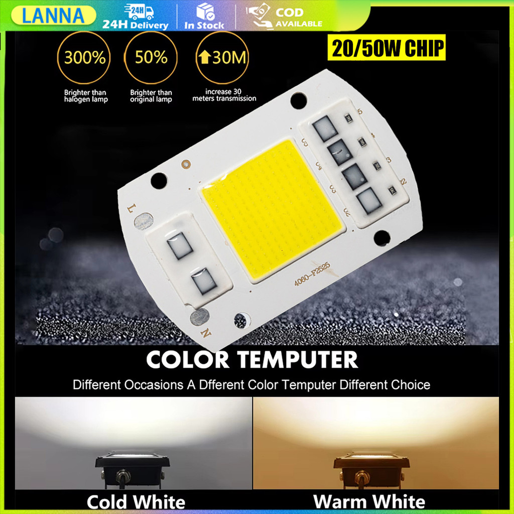 ร้านอยู่ที่ไทย ชิปหลอดไฟ led 20W 50W 220V ไฟสปอตไลท์แบบเปลี่ยน สําหรับไฟบ้าน ไฟถนน แสงขาว เหลือง
