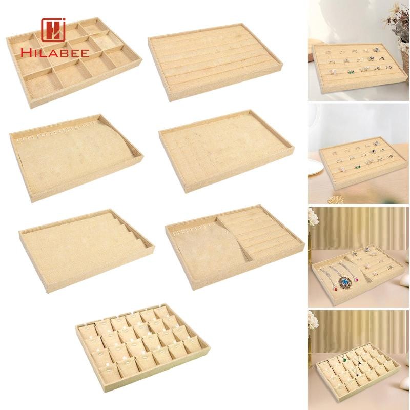 [hilabee] Burlap ถาดเครื่องประดับวางซ้อนกันได้แสดงกรณีการจัดเก็บข้อมูลผู้ถือจอแสดงผลกล่องออแกไนเซอร์