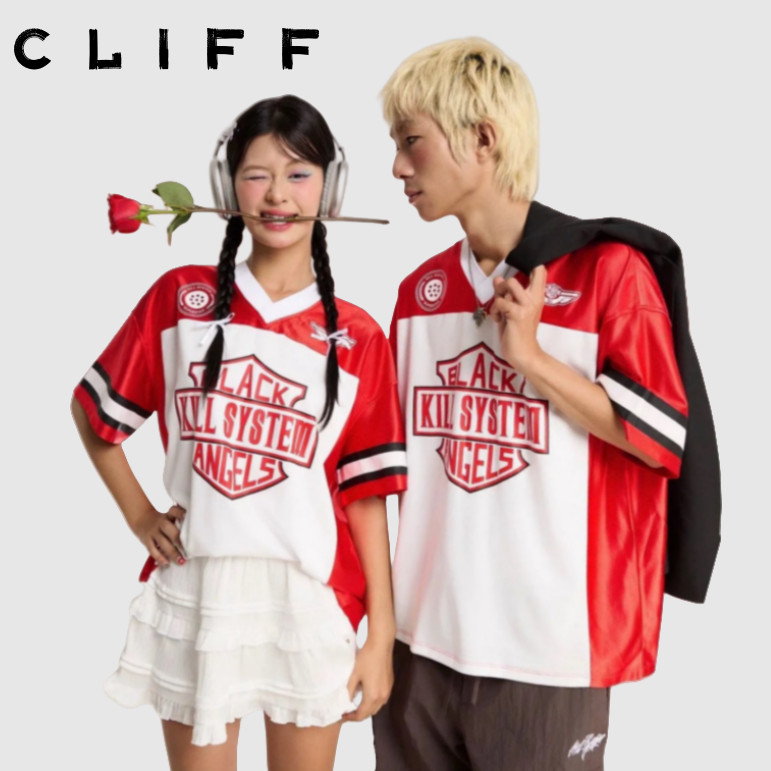 CLIFF แขนสั้นยอดนิยมสำหรับฤดูร้อน เสื้อเบสบอลแขนสั้น คอวี ลายพิมพ์แฟชั่น ชุดคู่รัก