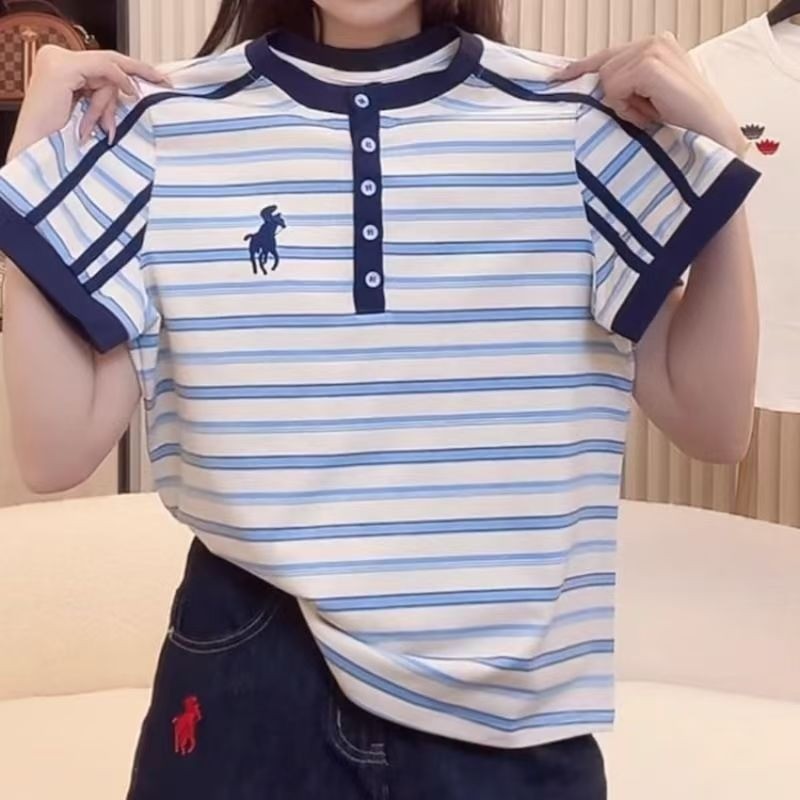 เสื้อเชิ้ตลาย เสื้อยืดแขนสั้น เสื้อเบลาส์ สําหรับผู้หญิง ปุ่มด้านบน แฟชั่น พับ-ลง ปก