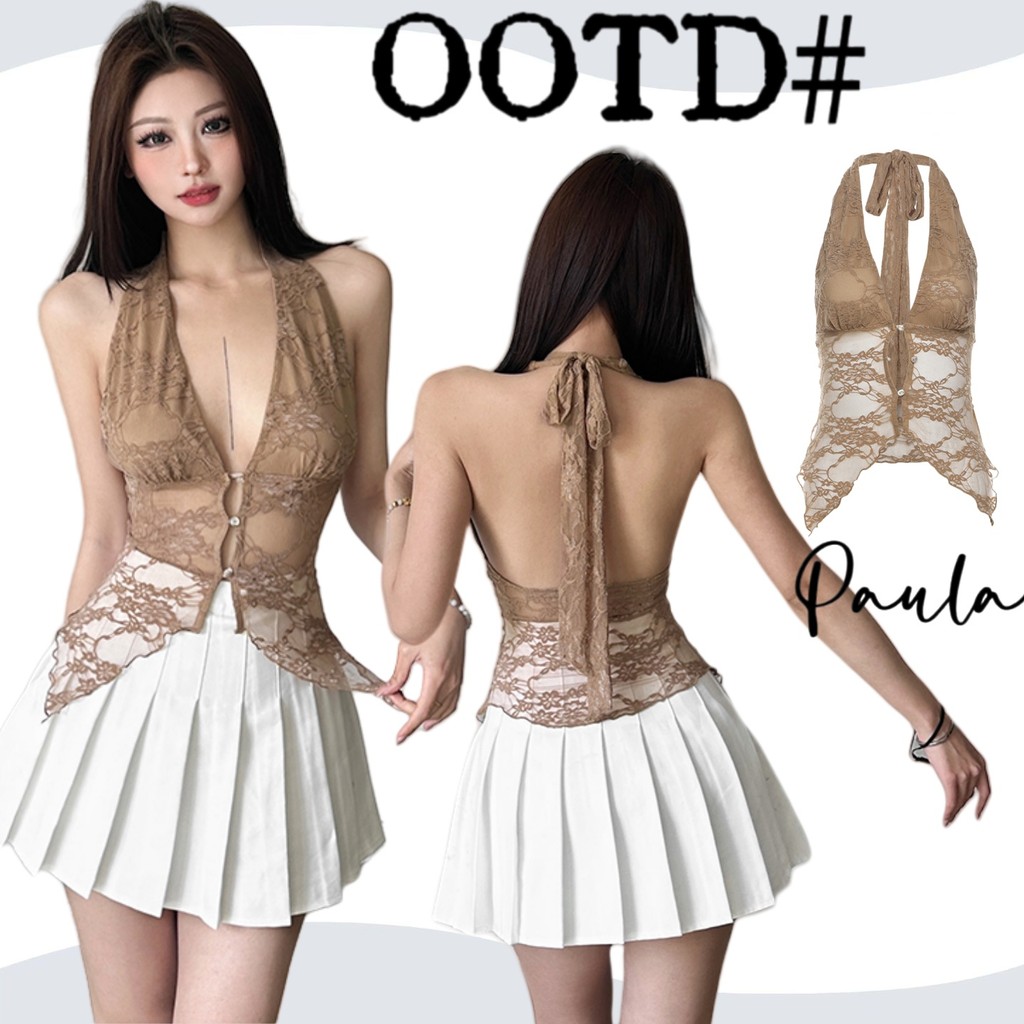 Paula พร้อมส่ง🌴คอวีลึกเสื้อคล้องคอ🌴ทรงครอป สีกากี ลำลอง โชว์หลังเซ็กซี่แซ่บ ซีทรูเบาๆ รัดรูป แฟชั่นผู้หญิง ลูกไม้ผูกคอ