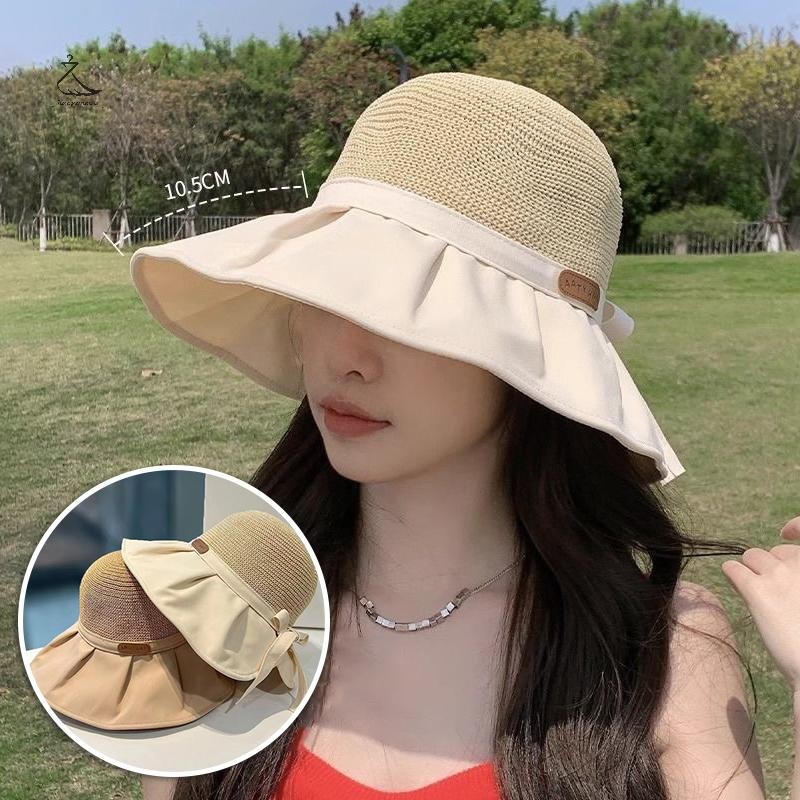 [HSSL] ผู้หญิงหมวกฤดูร้อน UV Protection Big Wide Brim Beach Sun หมวกท่องเที่ยวกลางแจ้ง Bows หมวกปานามาหมวกหางม้า MCL7717