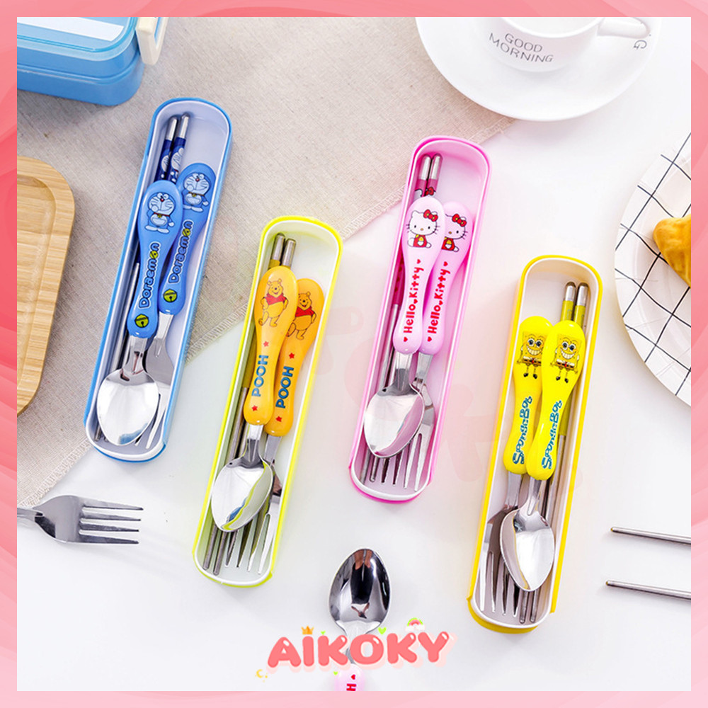 AIKOKY ชุดช้อนเด็ก ช้อนส้อมเด็ก โต๊ะอาหารสำหรับเด็กสแตนเลสพร้อมกล่องที่เหมาะสำหรับเด็กอายุ 3-10 ปีในการใช้