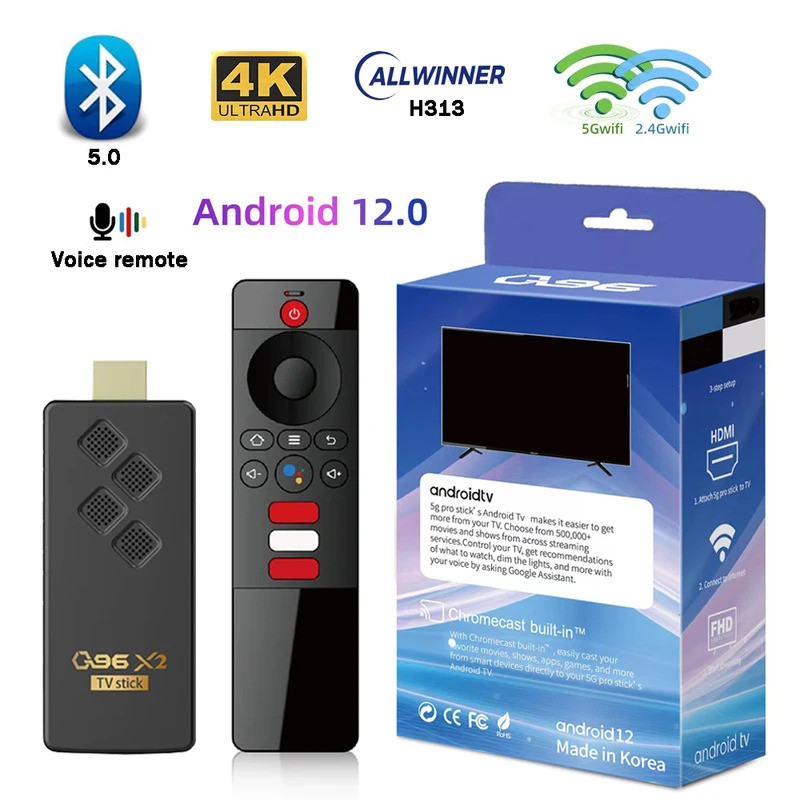 Android 12Q96X2 ATV TV Box H313 Quad Core HD 4K Voice REMOTE Smart TV Stick 2 gb16gb 4G 5G dual WiFi