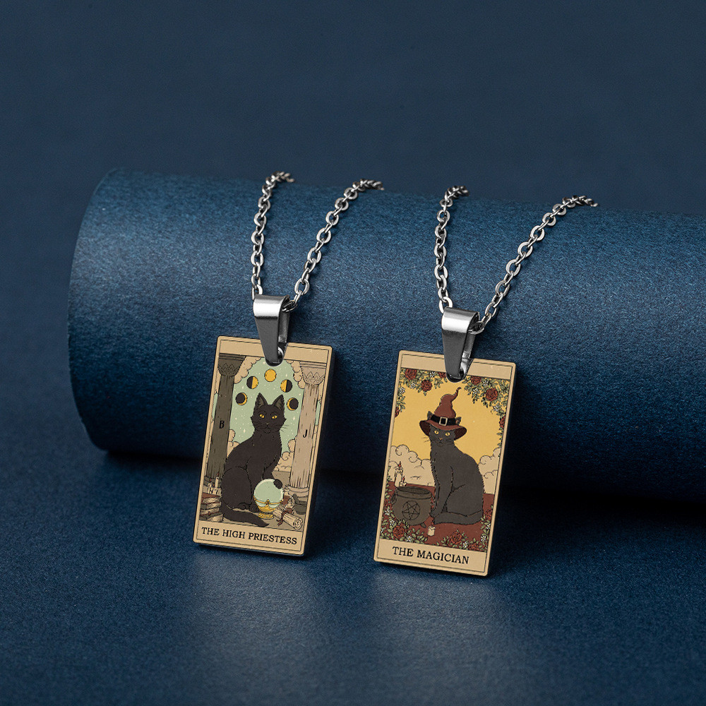 แฟชั่นภาพวาดสีน้ํามันย้อนยุค UV การพิมพ์สีแมวสแตนเลส TAROT จี้สุภาพสตรีสร้อยคอของขวัญให้