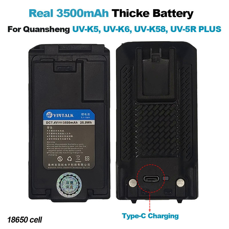 Real 3500mAh Quansheng UV-K5 UV-K6 Walkie Talkie Thicke Battery 18650 Cell Type-C Charging UV-K58 UV