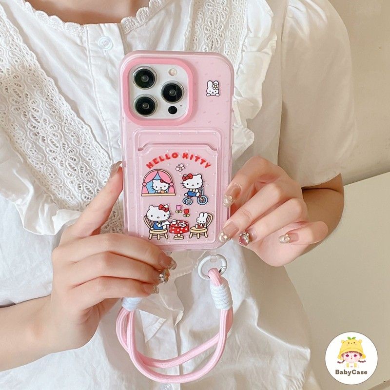 น่ารักน่ารัก Hello Kitty กระเป๋าสตางค์สร้อยข้อมือ เคสiPhone 16 11 15 13 14 12 Pro Max 7 16 8 15 Plus XR X XS Max SE 2020