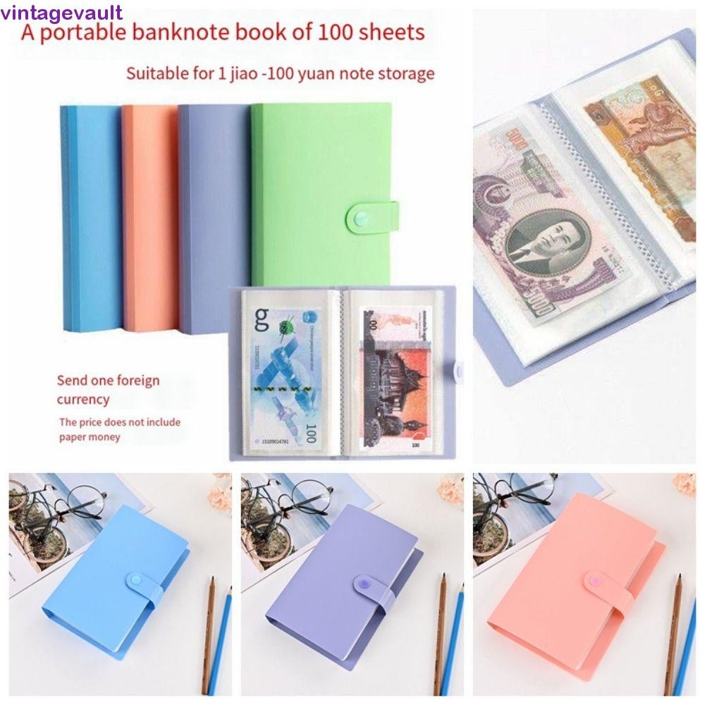 Vintagevault 100 Bills Collection อัลบั้ม, สมุดเก็บเงินสไตล์เกาหลีกันน้ํา, กันฝุ่น 4 สีความจุขนาดใหญ่ด้านใน Leaf Pocket Storage Book Card