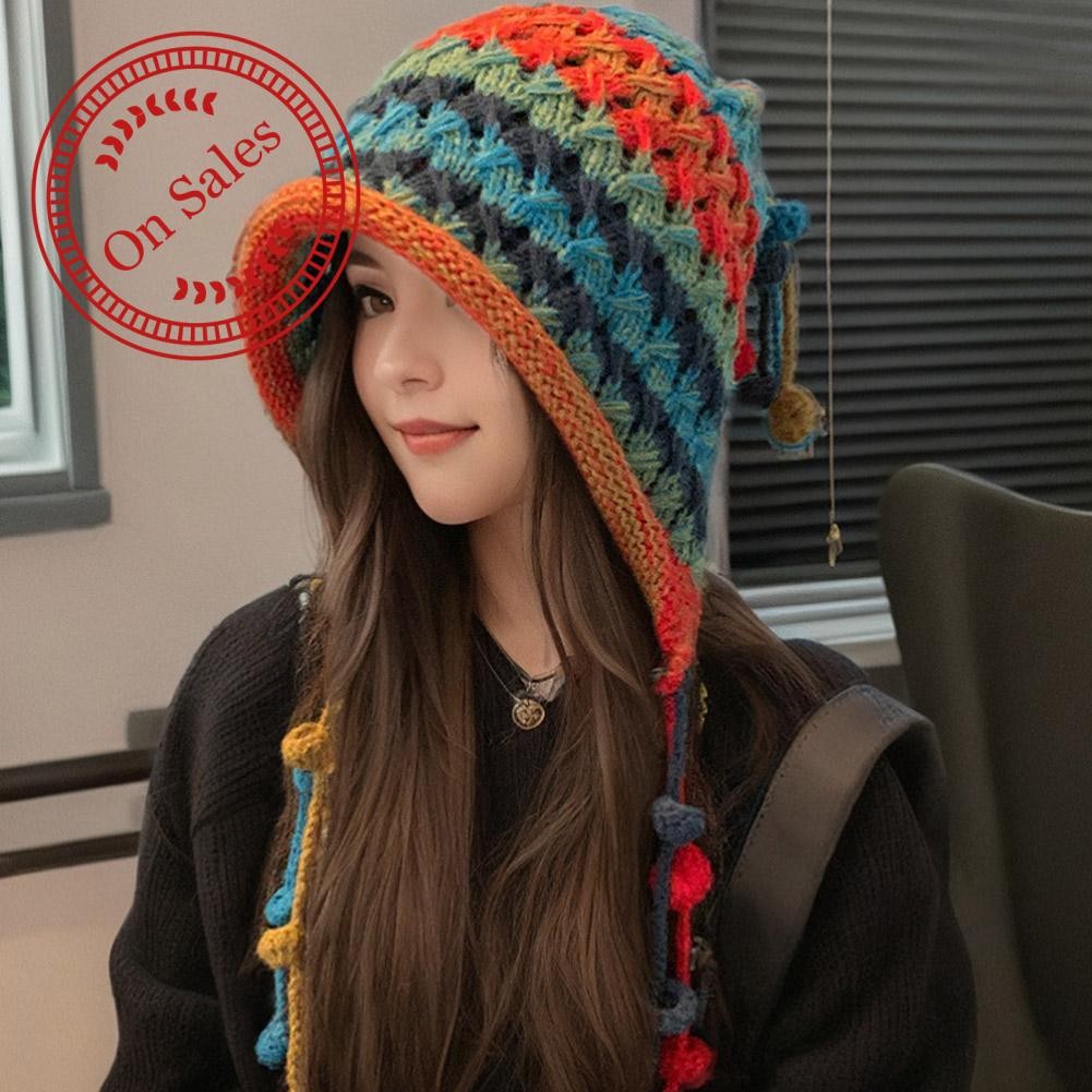 เกาหลี Colourful หมวกทําด้วยผ้าขนสัตว์ที่อบอุ่นถักหมวกพู่เสื้อสวมหัวหมวก U6j2