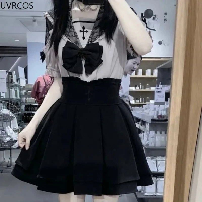 MnDark Gothic Style Lolita JK Skirt Set Women Kawii Bow Lace Sailor Collar Blouse Mini Suspender Ski