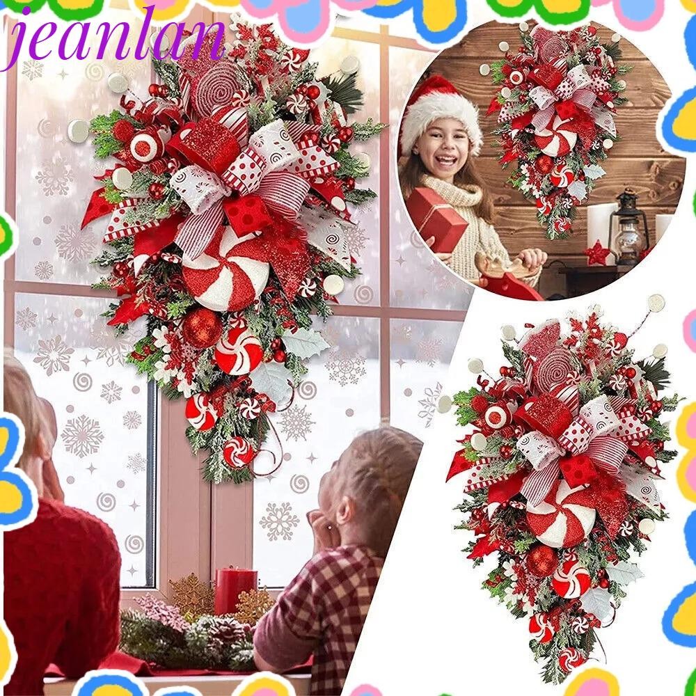 Jeanlan Candy Cane พวงหรีดคริสต์มาส, ตกแต่งผนัง Xmas ประตูด้านหน้า Wall Decor พวงหรีดคริสต์มาส, ขายร้อน Bow Garland สําหรับตกแต่งคริสต์มาส