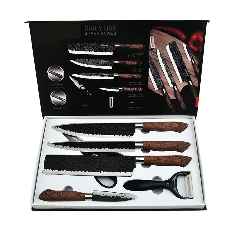 6pcs Kitchen Knives Set Chef Slicing Knives Set Meat Cleaver Fruit Knife Peeler Scissors Stainless S