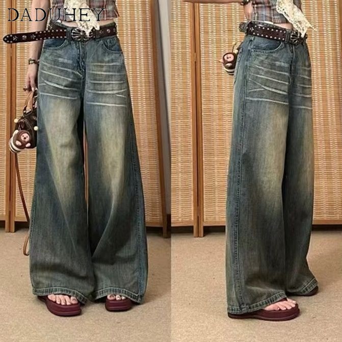 DaDuHey Loose Wide Leg Jeans Women 2024 American Hot Girl Retro Distressed Mid-Waisted Figure Flattering Drooping Straight Pants