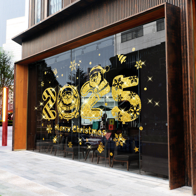 Gliter Golden Christmas สติกเกอร์สําหรับกระจกหน้าต่างประตูสติกเกอร์ Glitter Glass Clings สติ๊กเกอร์ติดผนังหน้าต่าง Decals ตะแกรงหน้าต่าง