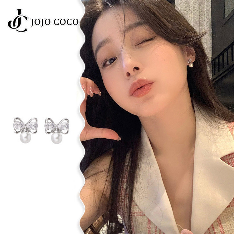 Jojo COCO S925 เข็มเงินประณีตเพทายโบว์ต่างหูมุกสําหรับผู้หญิง