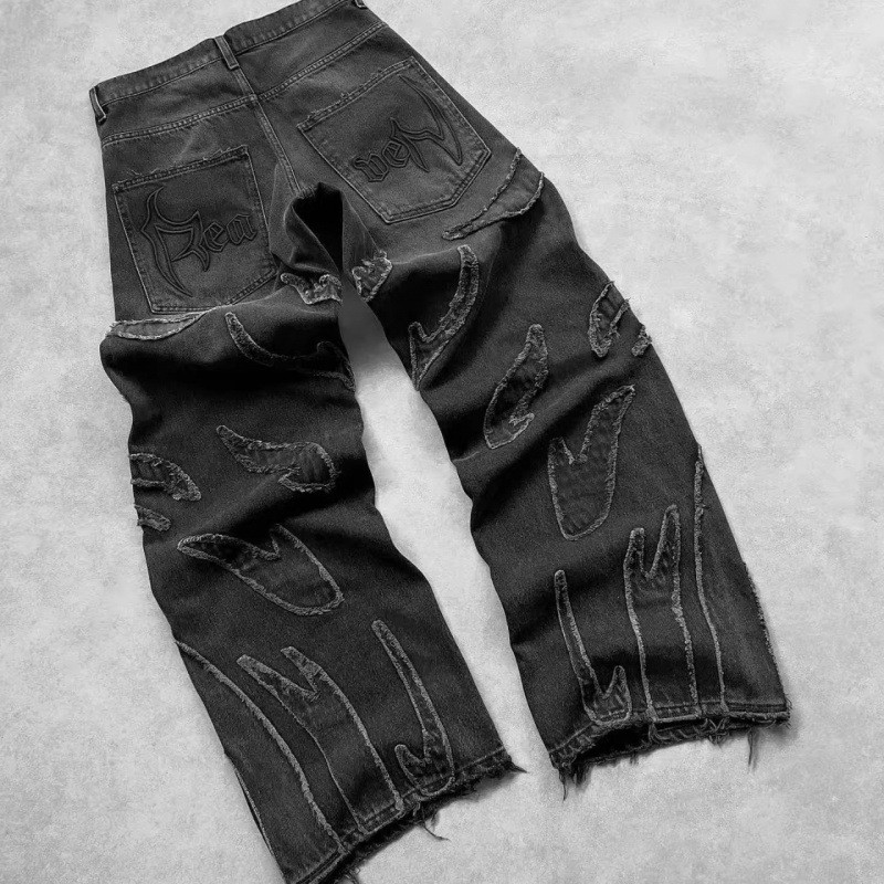 Streetwear Distressed Patchwork Baggy กางเกงยีนส์สําหรับชาย Y2k Vintage Raw Edge เย็บปักถักร้อย Denim กางเกงผู้หญิงตรงกางเกงขากว้าง สีดำ