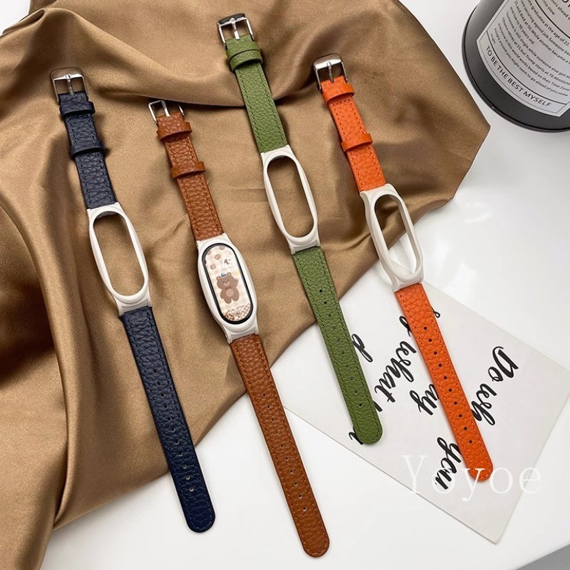 กรณีสีขาว + สร้อยข้อมือหนังสําหรับ Xiaomi Mi Band 8 9 Lichee รูปแบบสายคล้องคอ Accessorie นาฬิกาสายรัดข้อมือสําหรับ Mi Band 3 4 5 6 สร้อยข้อมือ