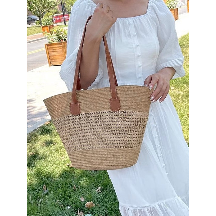 พร้อมส่ง 2 ลายใหม่ กระเป๋าสาน สายหนัง สานเล่นลาย ทรงshoppping bag minimal P256