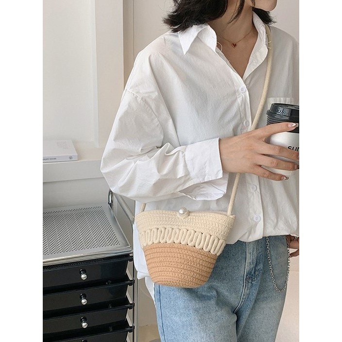 พร้อมส่ง กระเป๋าเชือกถักมุก เล่นลาย เชือกฝ้าย สายยาว งานเกรดพรีเมี่ยม P283
