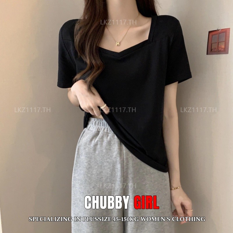 Plus size เสื้อผ้าสาวอวบ เสื้อยืดสาวอวบอ้วน ไซส์ใหญ่ ผู้หญิง ทรงหลวม แขนสั้น คอเหลี่ยม สีดำ ฤดูร้อน สไตล์เกาหลีแฟชั่น