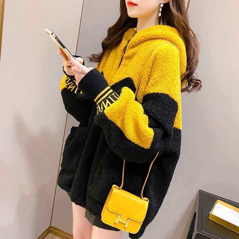 หลวมสไตล์ขี้เกียจขนแกะ-เรียงรายหนาhooded Lambskin Half Zipเสื้อกันหนาวWome宽松加厚风绒拉加连帽羊绒半链卫衣女韩版上衣外套11.6
