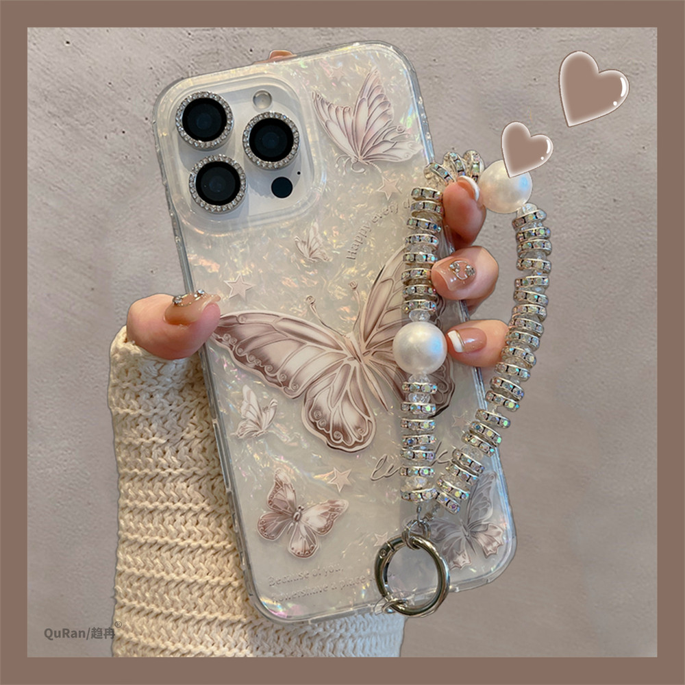 Huiwanju ลายเปลือกหอยผีเสื้อเหมาะสําหรับ iPhone13/14 เคสโทรศัพท์มือถือ 16 ใหม่ iP15promax14pro พร้อมสายโซ่คล้อง 15 สองชั้น 16pro high-end niche 12p รุ่นผู้หญิง