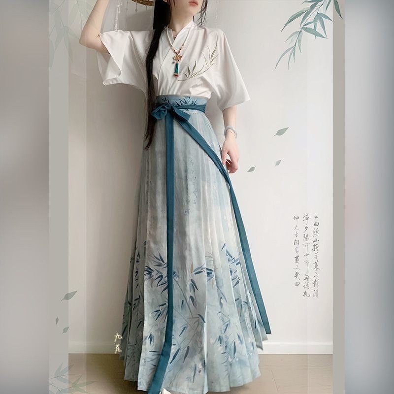 Hua Zhenji Qingzhuyin Hanfu หญิง Ming Made เย็บปักถักร้อยสไตล์จีนใหม่กระโปรงหน้าม้าทุกวันสไตล์บาง