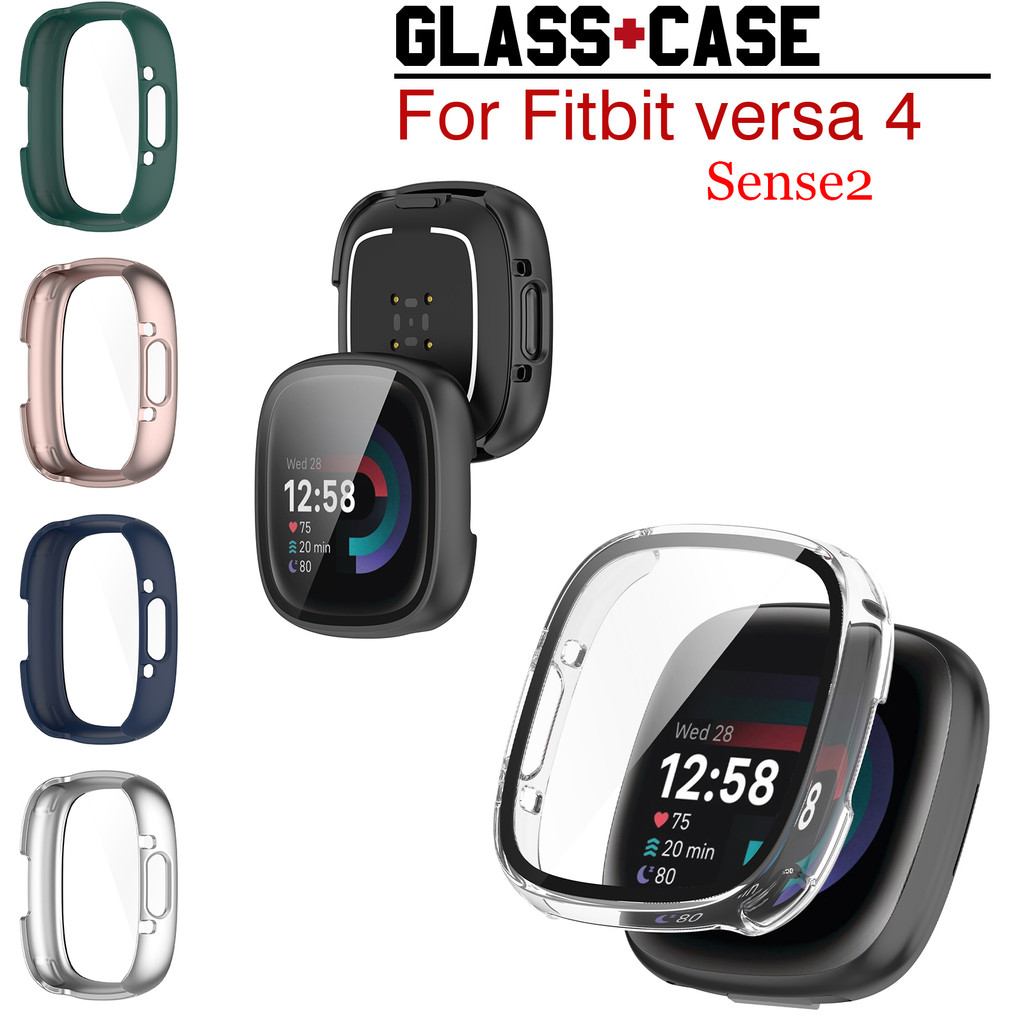 เคสสําหรับ Fitbit Versa 4 Sense 2 Hard PC Cover Case + HD กระจกนิรภัยป้องกันรอยขีดข่วนป้องกันหน้าจอ