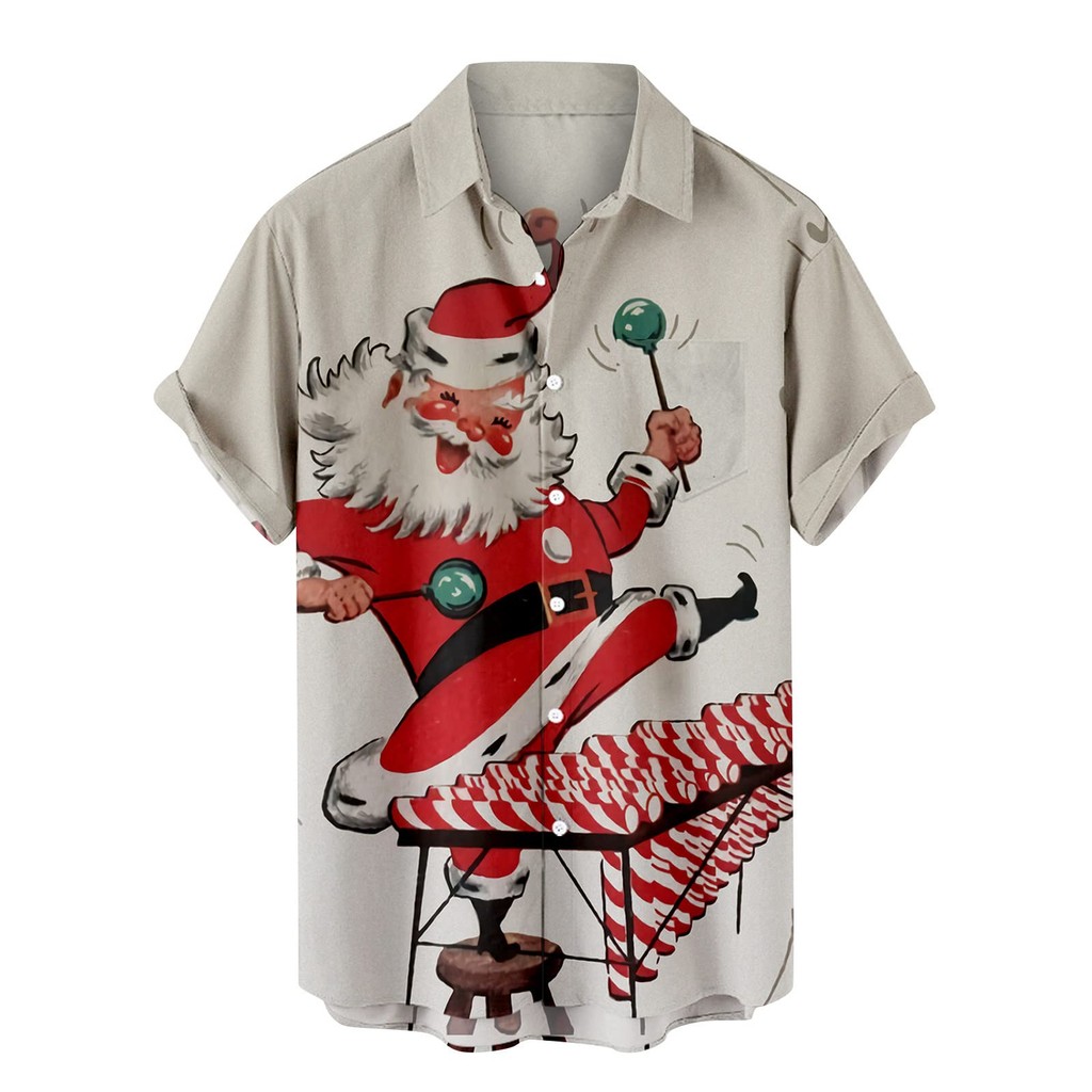 ปีใหม่ชายเสื้อคริสต์มาสแขนสั้นปุ่มลงวันหยุดเสื้อฮาวายผู้ชายชายหาดวันหยุดเสื้อด้านบน
