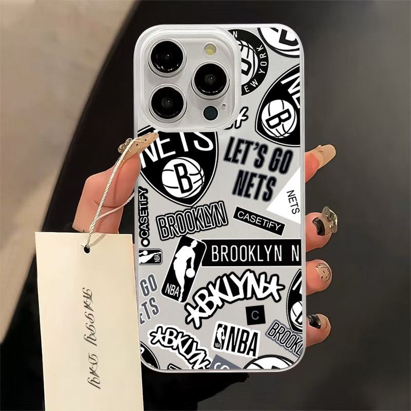 TPU ปุ่มชุบไฟฟ้า เคสไอโฟน นิ่มกันกระแทก เคสโทรศัพท์ iPhone 11 12 13 14 15 Pro Max XR XS X 7 8Pบาสเกตบอลและตาข่าย