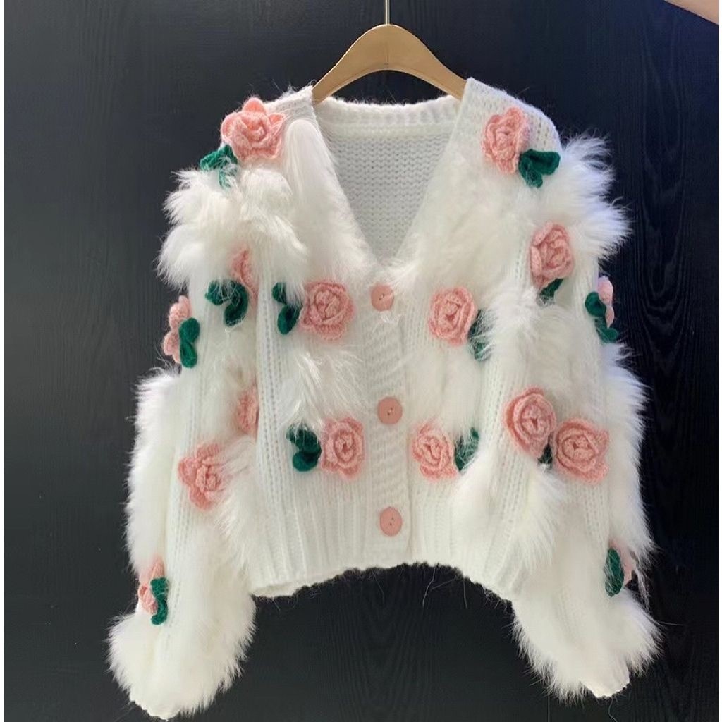 [สวมใส่ปีใหม่] เสื้อกันหนาว Mohair แจ็คเก็ตขนแกะมิงค์ดอกกุหลาบหวานโครเชต์สามมิติดอกกุหลาบเสื้อกันหนาวเย็บขนสัตว์ Rose Kn