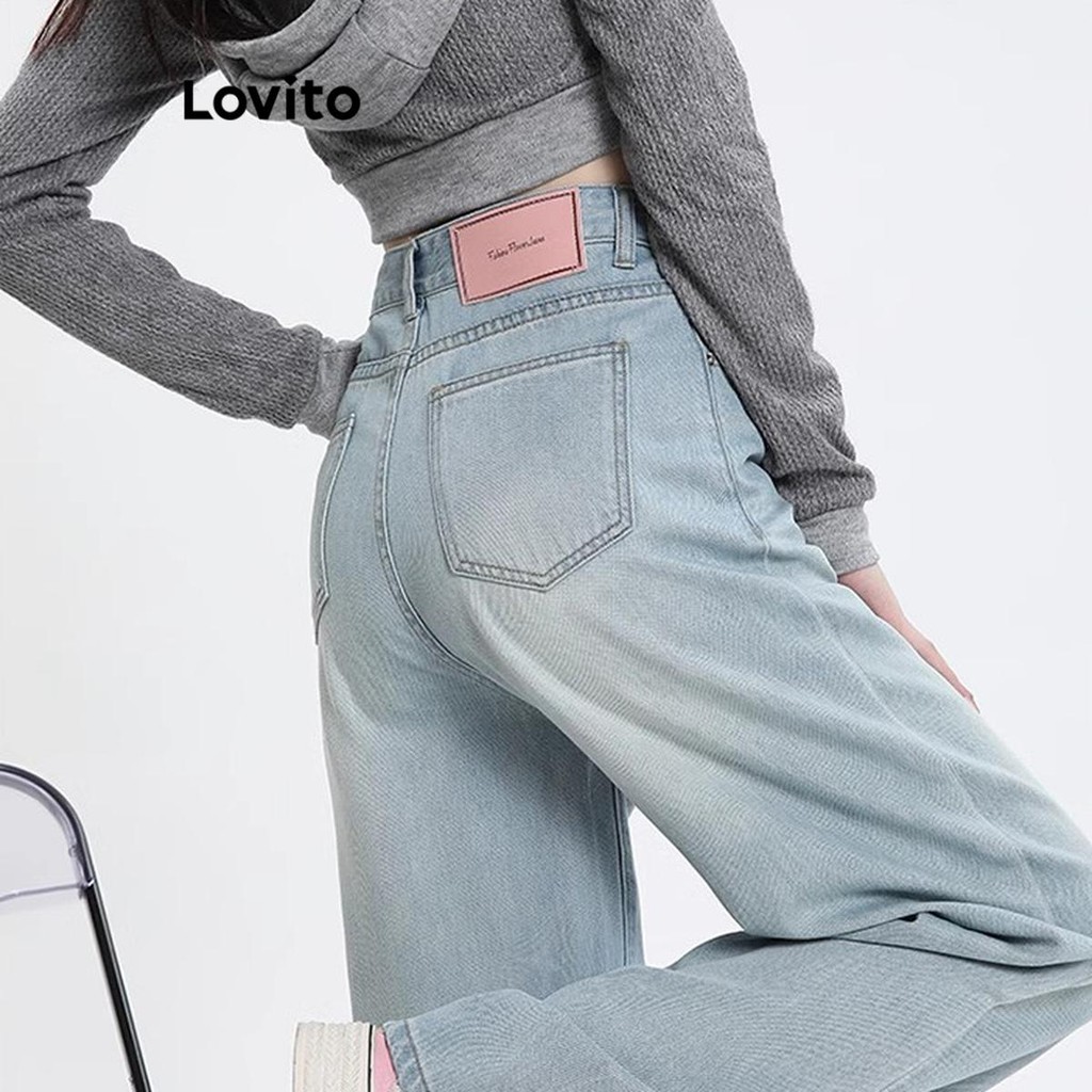 Lovito กางเกงยีนส์ผู้หญิง มีกระเป๋า สีพื้น LNA70443