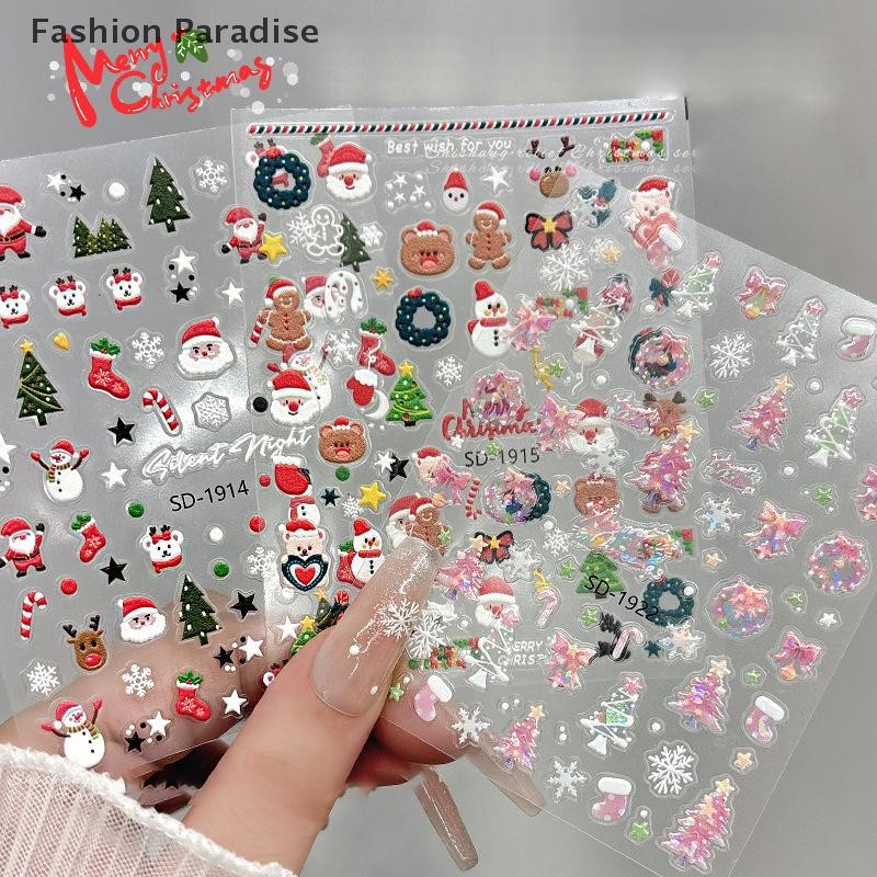 [chenyoubing] สติ๊กเกอร์ติดเล็บคริสต์มาส 3D บรรเทาฤดูหนาว Snowflake Bear สติ๊กเกอร์ติดเล็บสําหรับผู้หญิงและเด็กผู้หญิง Santa Claus สติ๊กเกอร์ติดเล็บ Art Decorstion Boutique