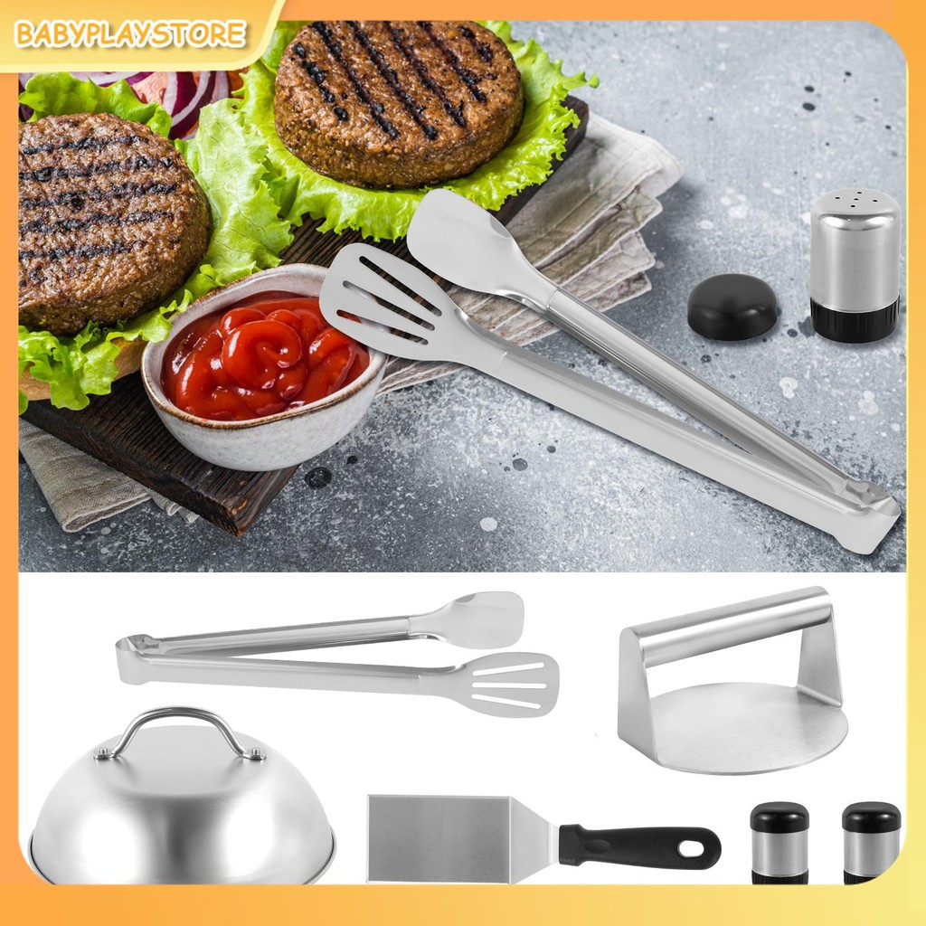 6 ชิ้น Smash Burger Kit พร้อมฝาปิด Griddle ไม้พาย 5.5 นิ้วสแตนเลส Burger กด Non-Stick Burger Smasher