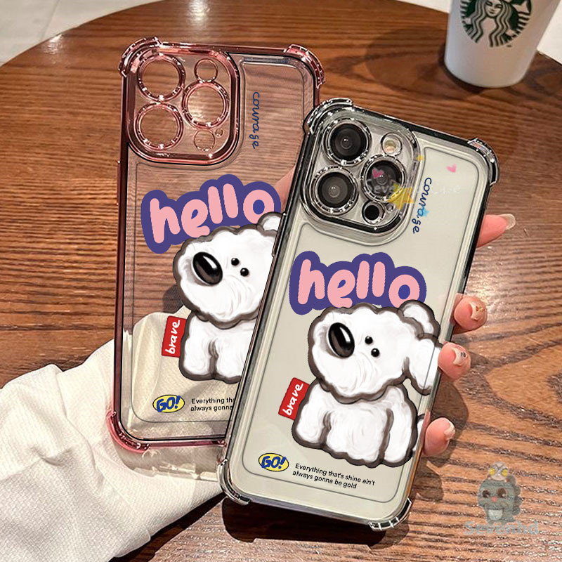 ปลอกสําหรับiphone 11 16 15 14 13 12 Pro Max XR X XS 8 7 6 Plus SE2020 น่ารักPuppy Helloการ์ตูนสร้างสรรค์เคสโทรศัพท์สี่มุมถุงลมนิรภัยเคสใสกันกระแทกป้องกันปกหลัง