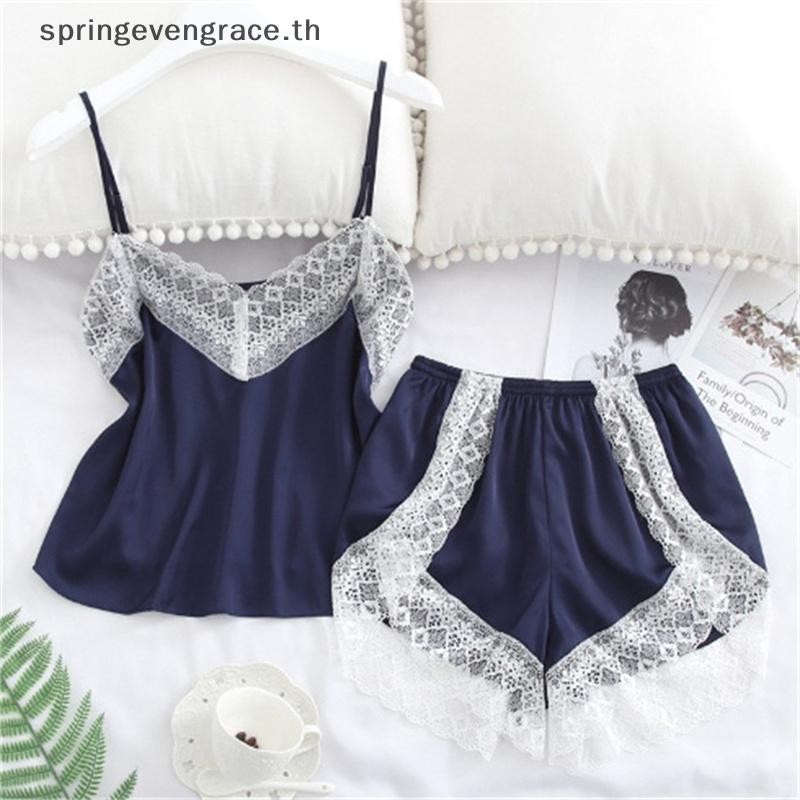 Springevengrace เซ็กซี่ลูกไม้ Splicing Suspender กางเกงขาสั้นหลวมสองชิ้นชุดชุดนอนสําหรับผู้หญิงใหม่