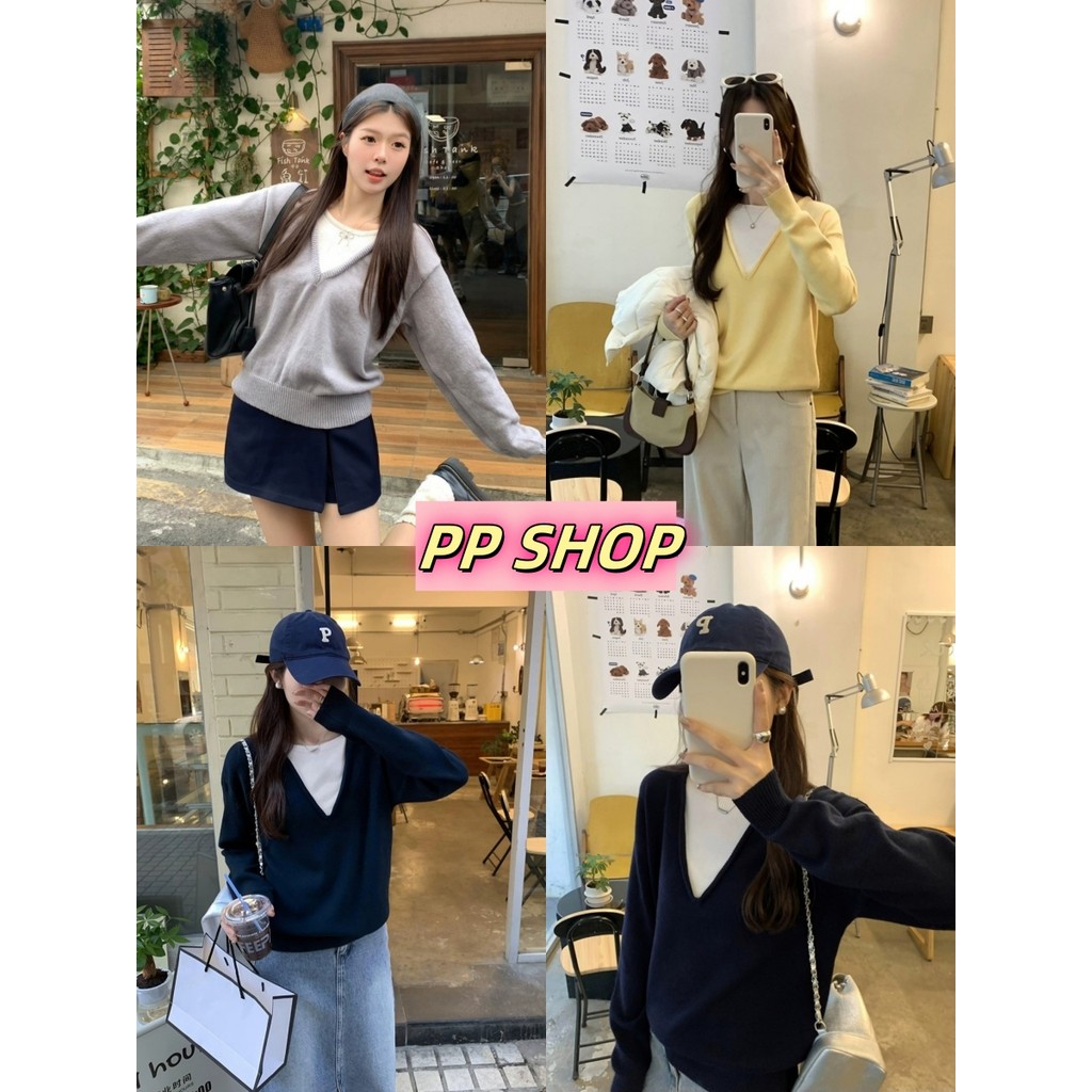 PP Shop​ ​พร้อมส่ง ผ้าถัก แขนยาว เสื้อคลุม สเวตเตอร์ กันหนาว คอกลม ของปลอมสองชิ้น สไตล์ลำลอง ทรงหลวม สไตล์เกาหลี#Y2628