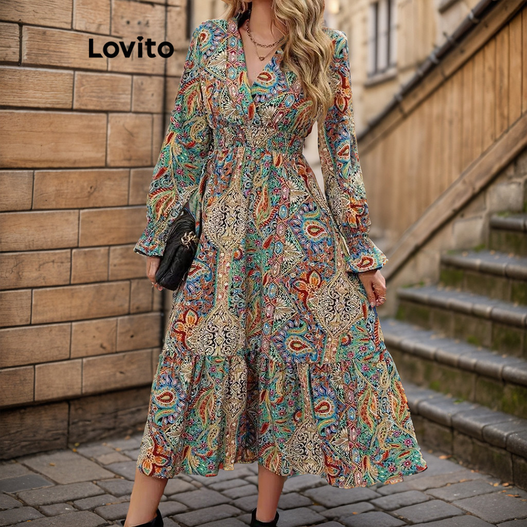Lovito ชุดเดรสผู้หญิง สม็อค ป้ายหน้า พิมพ์ลายชนเผ่า สไตล์โบโฮ LNL57040